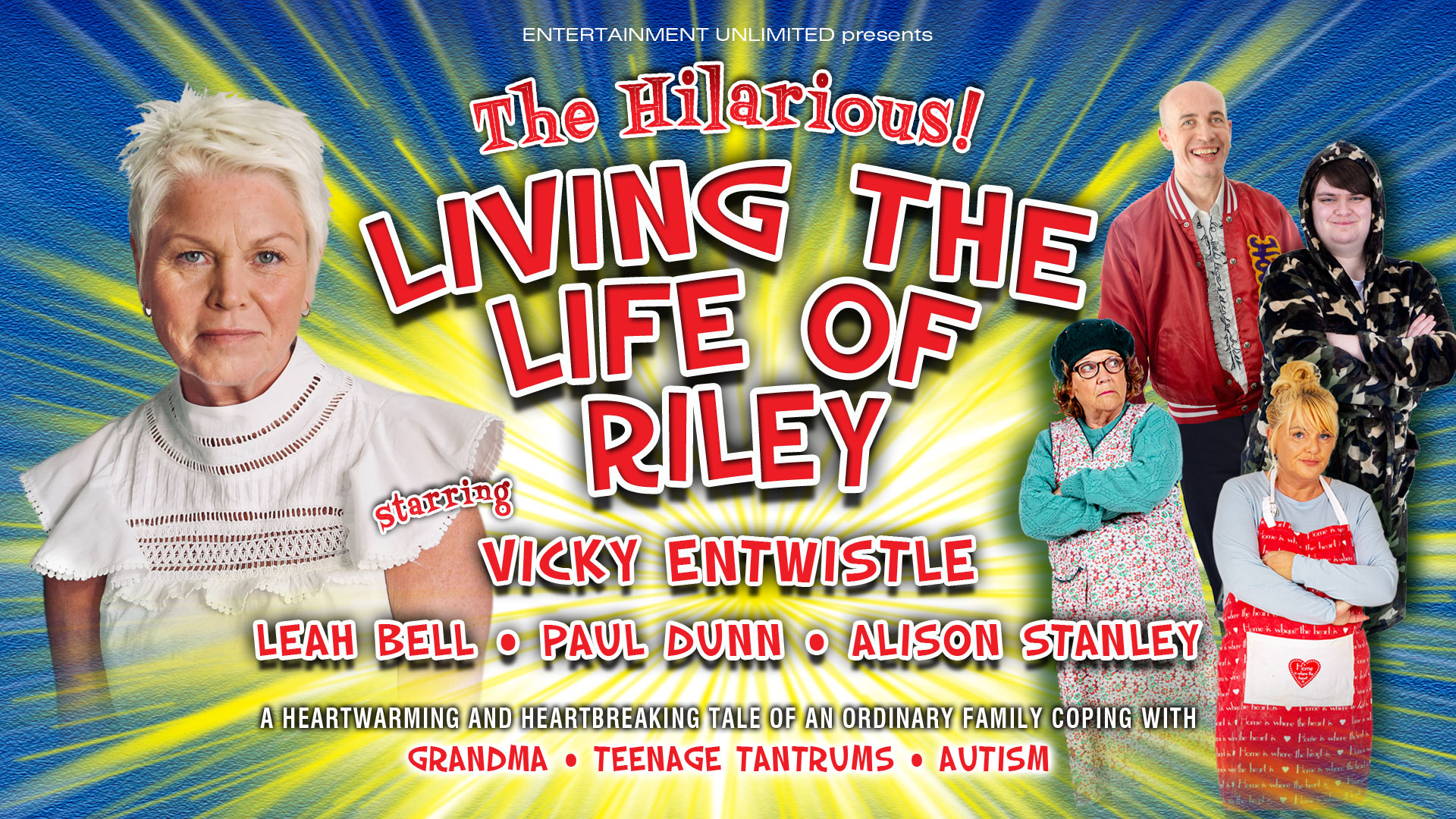 The image shows 5 people stood there, the text says 'Living the Life of Riley'